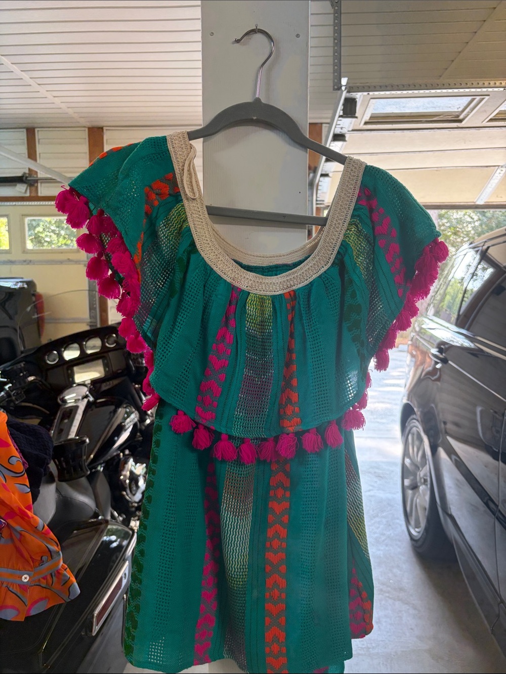Judith March Teal Dress with Hot Pink Pom Trim